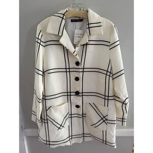 High Secret Cream Black Windowpane Plaid Blazer Jacket Women's Large NWT